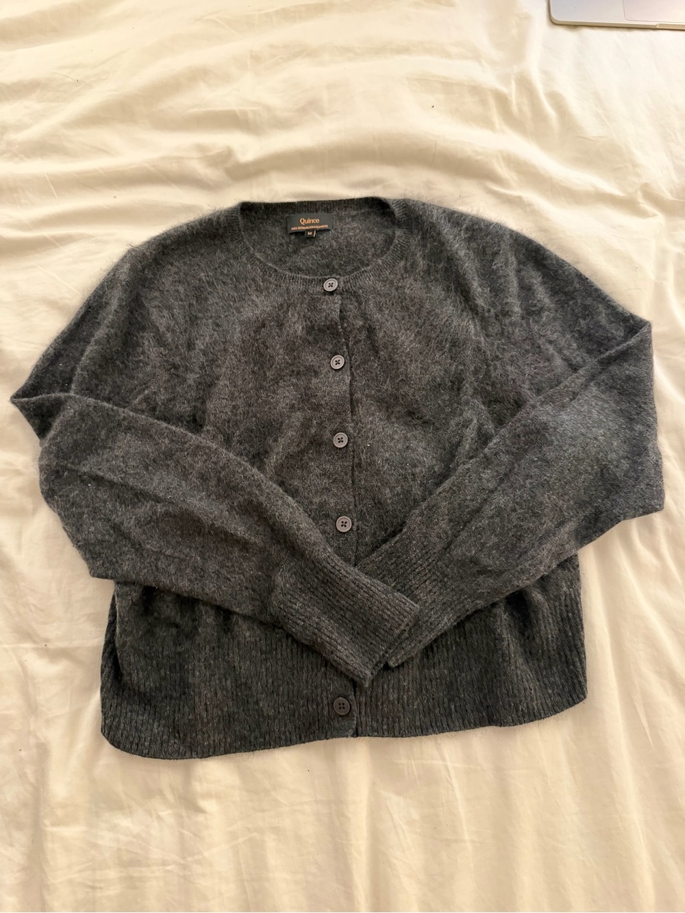 Quince Dark Charcoal Button-Up Crew Cardigan - Brushed Mongolian Cashmere